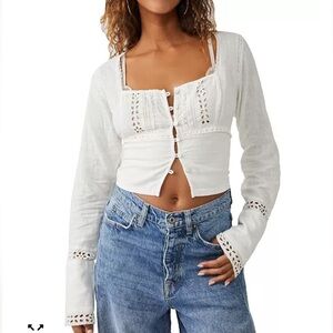 Free People White Eyelet Button-Front Crop Blouse